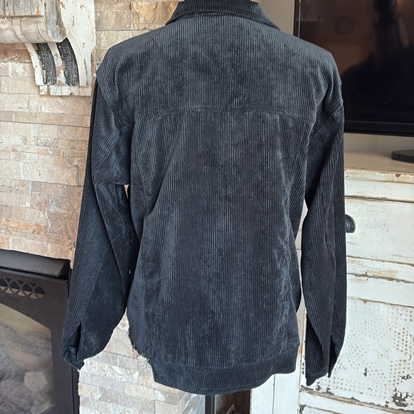 Zenana black corduroy jean jacket style shirt jacket shacket front raw hem - Picture 8 of 16